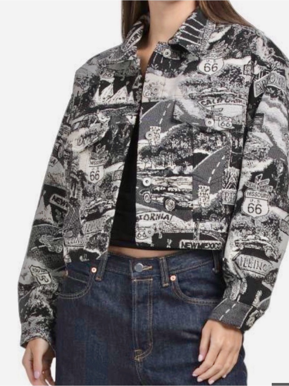 Jacquie The Label Black & White Printed Cropped Jean Jacket